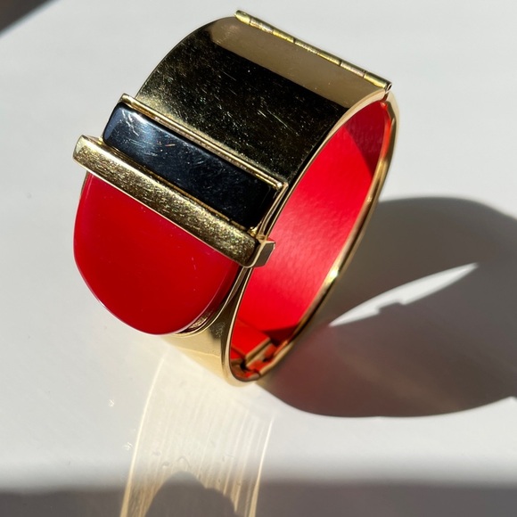 Vintage Modernist Statement Cuff Bracelet Red Black Gold Geometric Bold - Picture 2 of 16